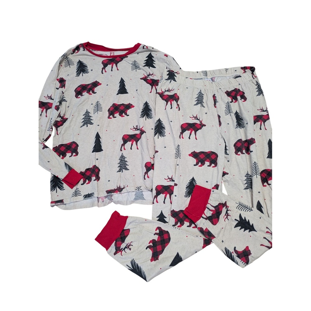 PJ Place Womens Medium Pajama Set Buffalo Plaid Bear Deer Holiday Cotton Cream